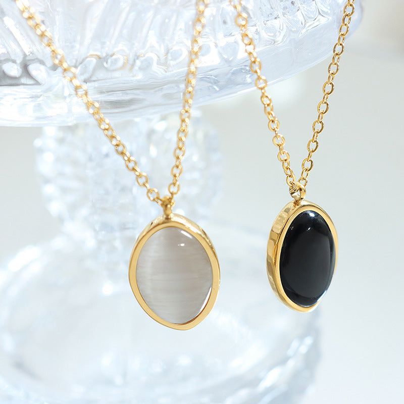 Retro chaton pendant necklace made of stainless steel | With cat's eye effect stone - 18K gold or high-gloss silver look