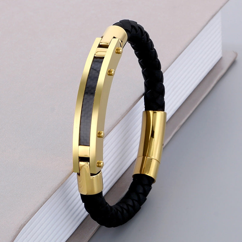 Fashionable men's bracelet made of stainless steel & braided leather - With fiber or steel wire inlays