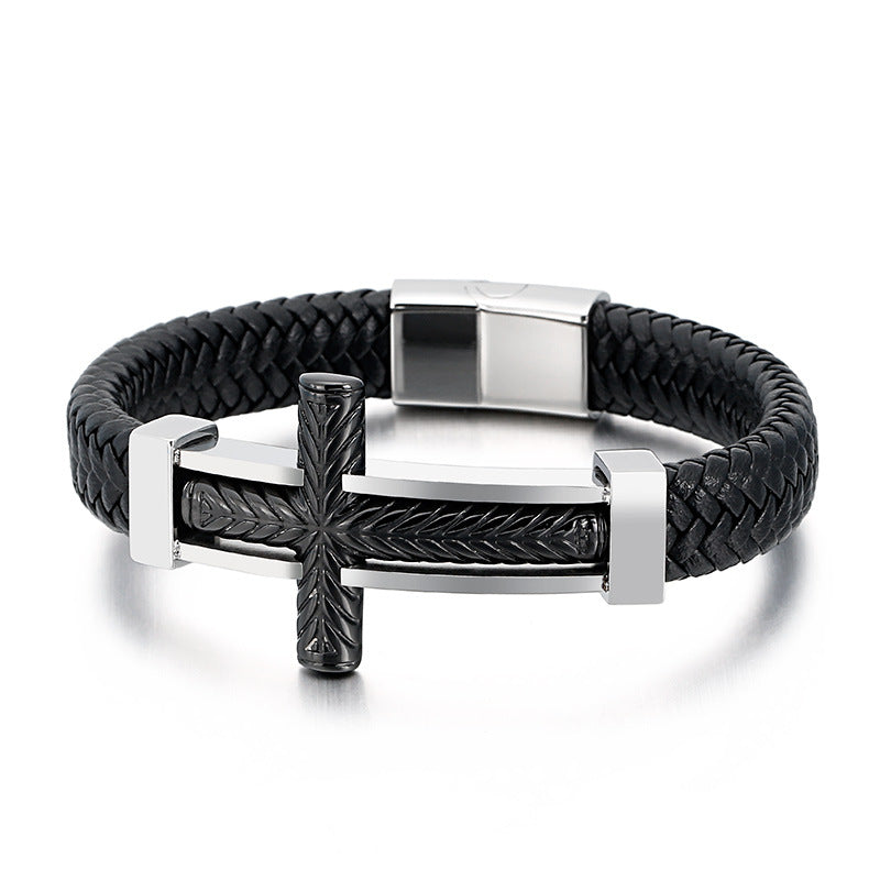 Men's braided leather bracelet with stainless steel cross – Robust men's bracelet