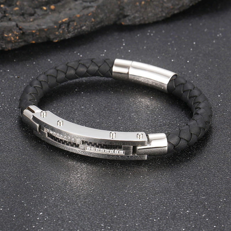 Men's bracelet with steel wire inlay – braided stainless steel leather strap