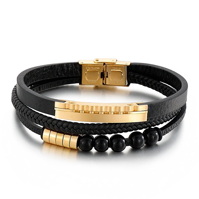 Multi-layer braided leather bracelet with stainless steel & geometric beads – Handmade unique jewelry