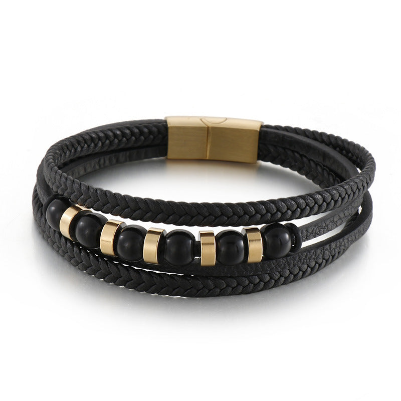 Multi-layered black leather bracelet with stainless steel accents – Hand-woven unique jewelry