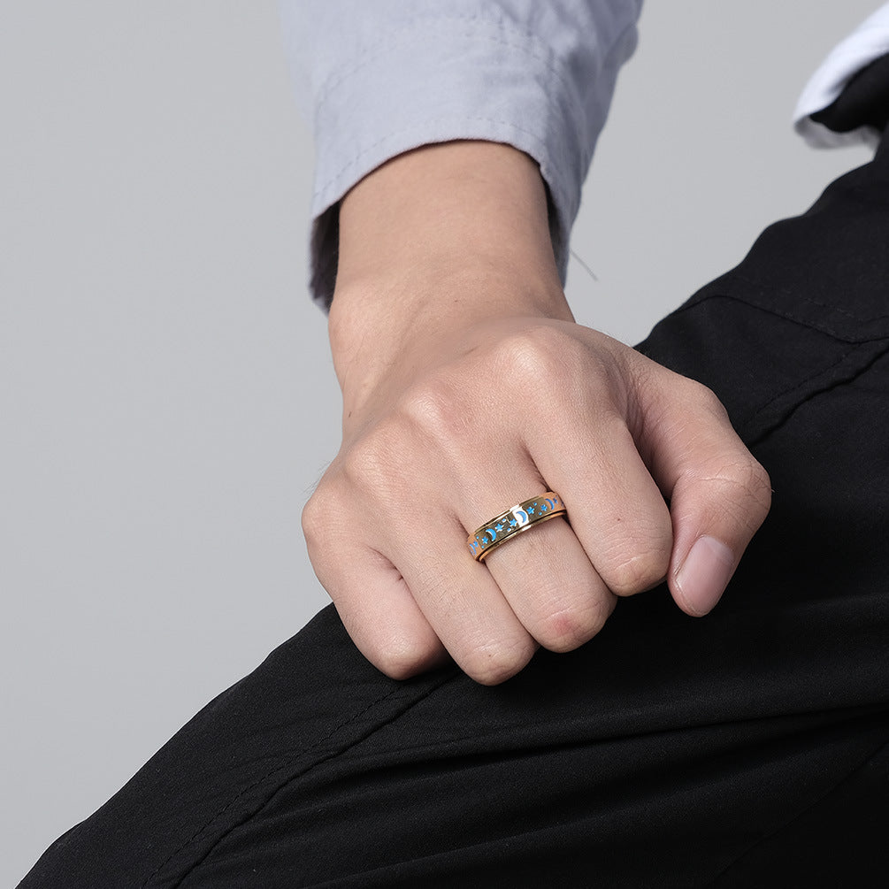 Star-Moon Titanium Ring with Glow-in-the-Dark Effect | Rotatable Anti-Stress Ring - 316L Stainless Steel for Women & Men