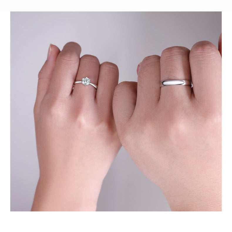 S925 Sterling Silver Couple Rings (6-Prong) - Rhodium-plated white gold look, adjustable & with cubic zirconia