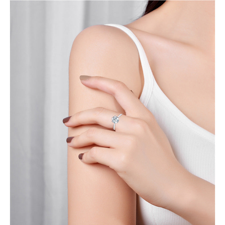 S925 Sterling Silver Couple Rings (6-Prong) - Rhodium-plated white gold look, adjustable & with cubic zirconia