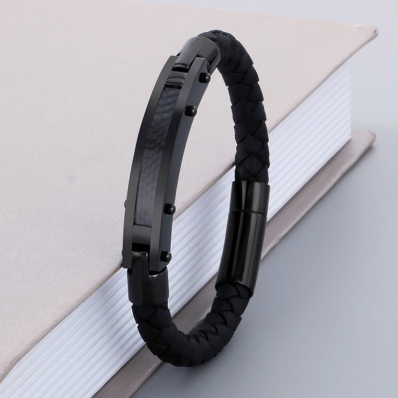 Fashionable men's bracelet made of stainless steel & braided leather - With fiber or steel wire inlays