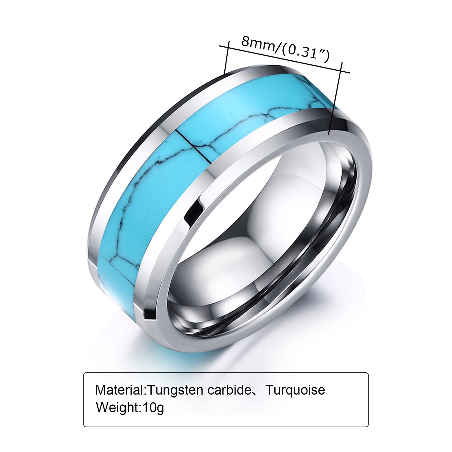 Herrenring aus Wolframcarbid mit abgeschrägten Kanten & Türkiseinlage – 8 mm, gravurfähig