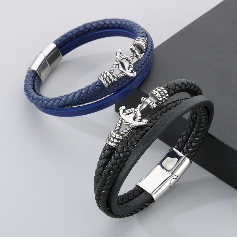 Maritime leather bracelet with stainless steel anchor charm – multi-layered hand-braided