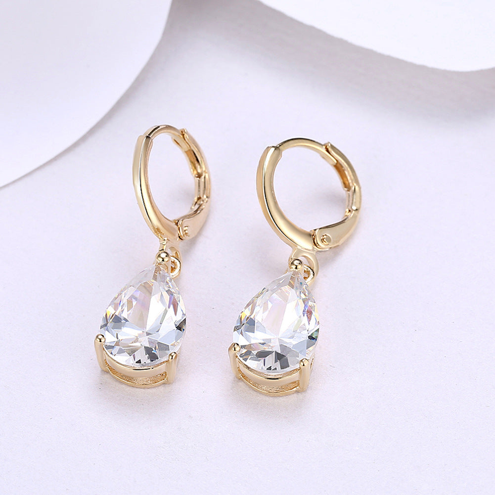 Teardrop zirconia ear clips - copper gold-plated (2.8 cm length)