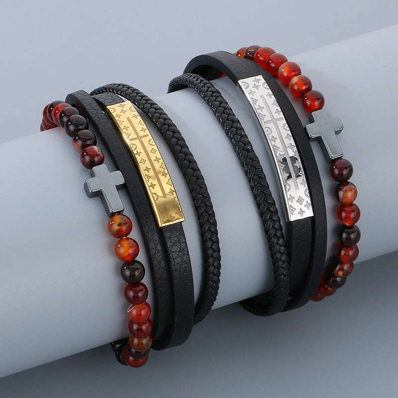 Vintage leather bracelet for men with titanium steel cross & agate beads – multi-layer braided