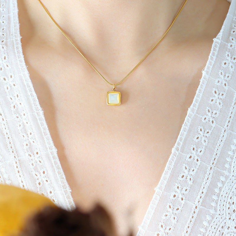 Minimalist square necklace with white shell pendant | Titanium steel 18k gold or steel colors | Understated jewelry design | Scandinavian style