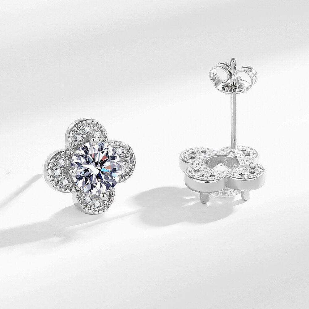 Lucky clover earrings with zirconia - copper rhodium-plated (white gold look)