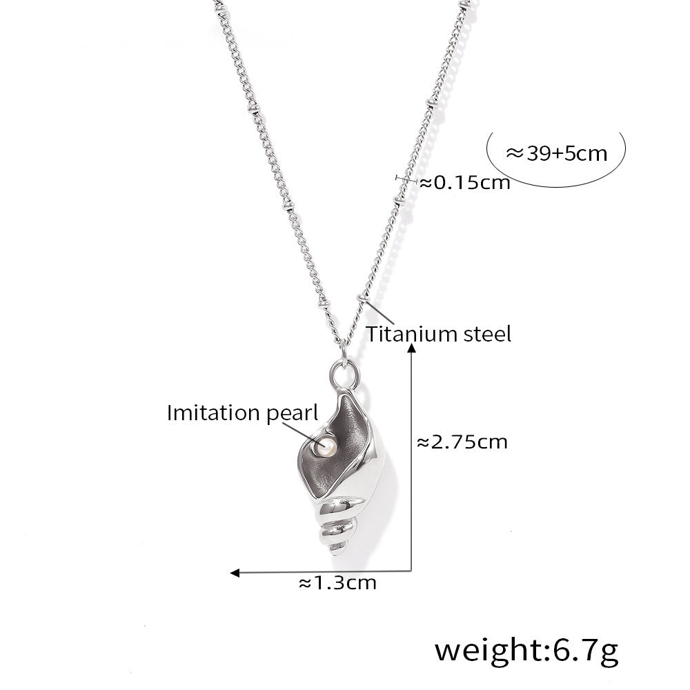 Snail shell pendant necklace with faux pearl | Stackable stainless steel set - 18k gold or high-gloss silver finish