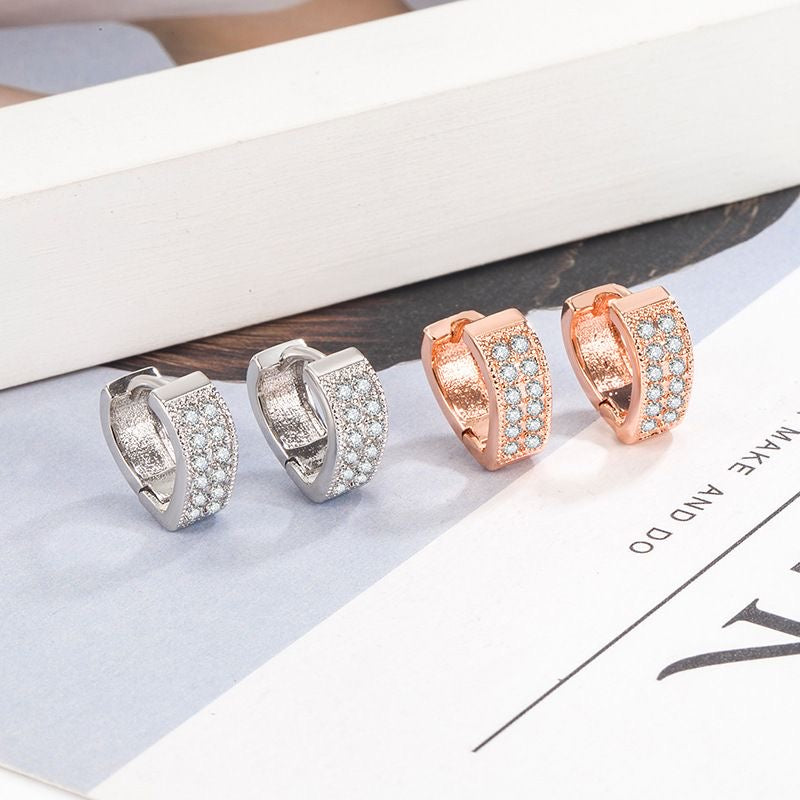 Fashionable V-heart ear clips with double row of zirconia - copper rhodium-plated/gold-plated