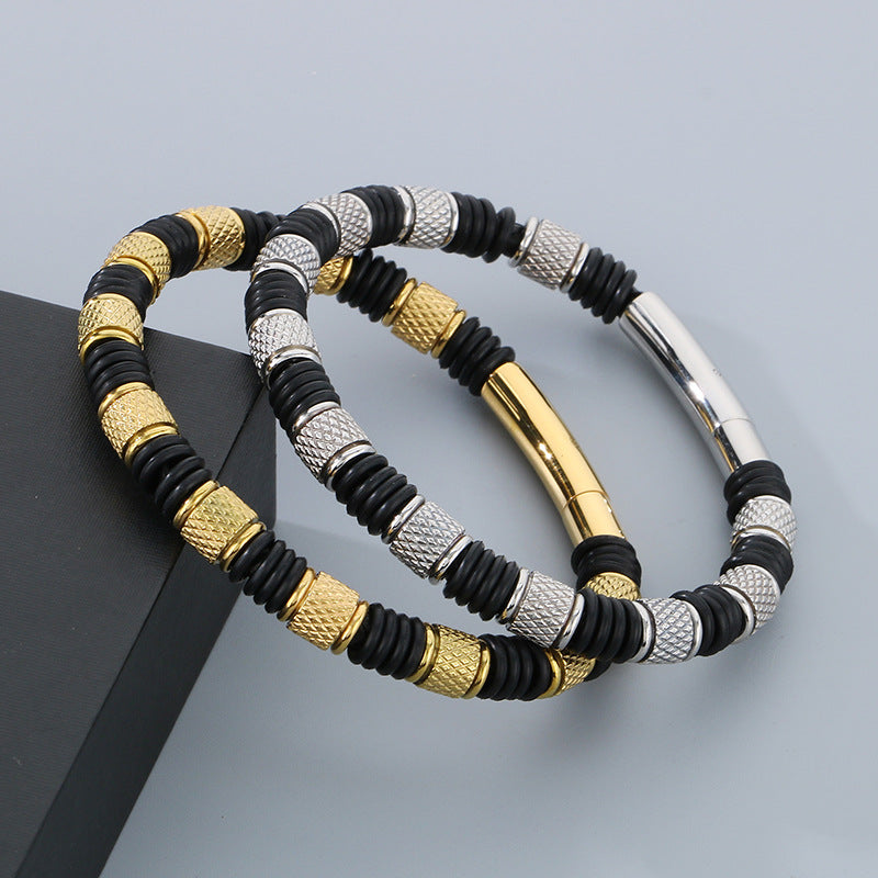 Stainless steel bracelet for men with microfiber leather insert – Timeless pearl design for business & leisure