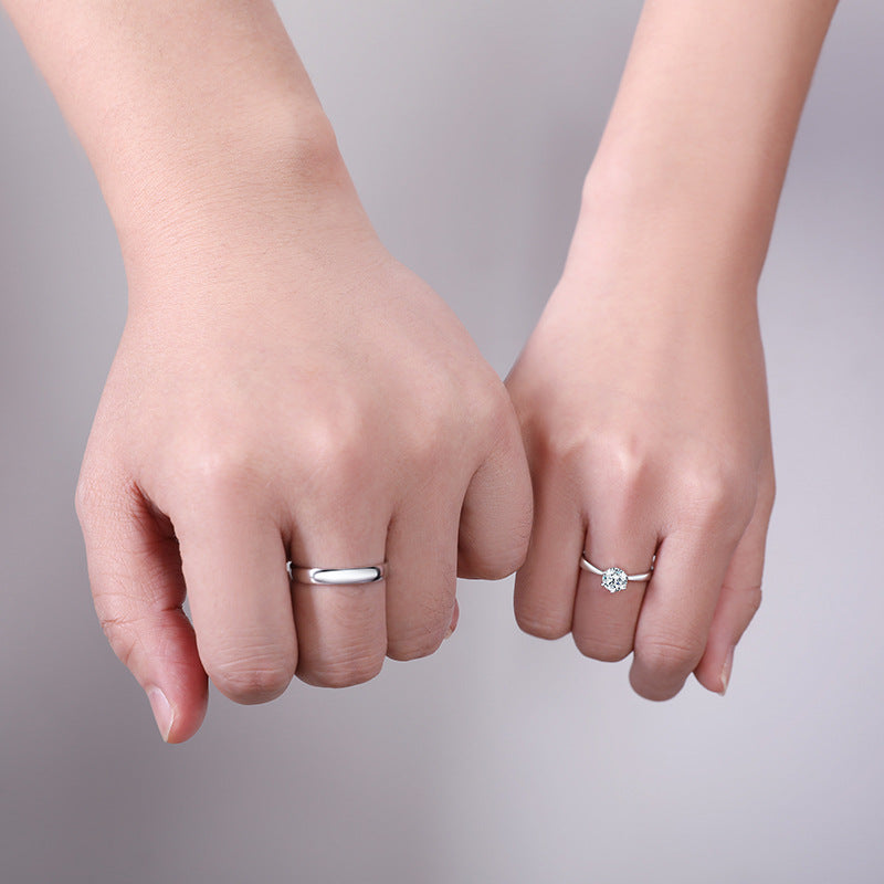 S925 Sterling Silver Couple Rings (6-Prong) - Rhodium-plated white gold look, adjustable & with cubic zirconia
