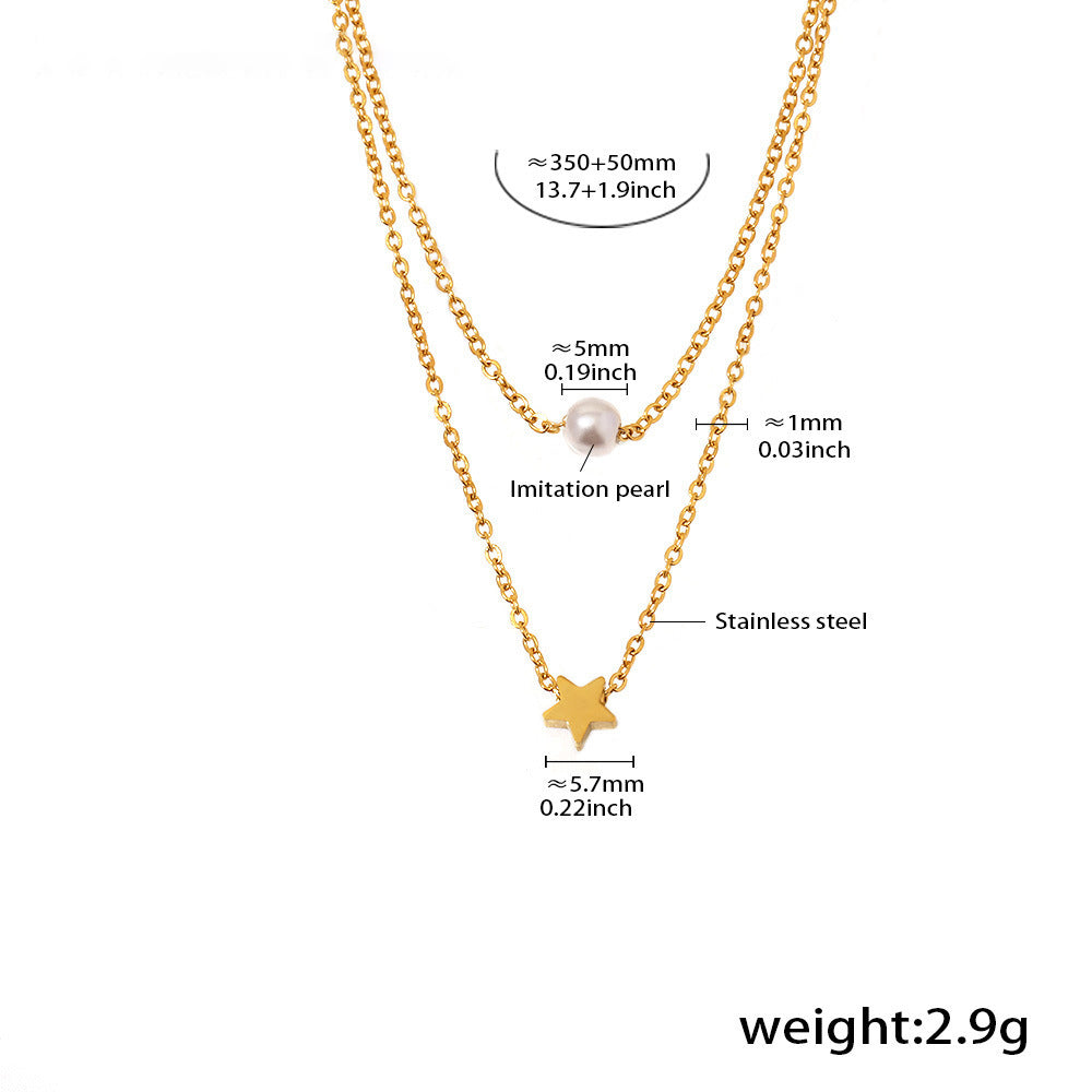 Star double chain with imitation pearls – 18K gold-plated stainless steel or silver look for stylish layering