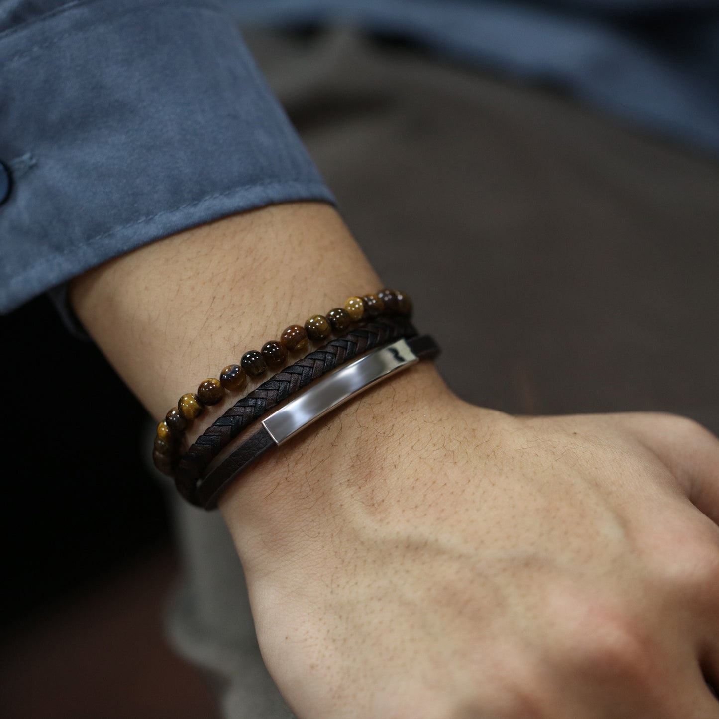 Braided leather bracelet with tiger eye for men – multi-layer design
