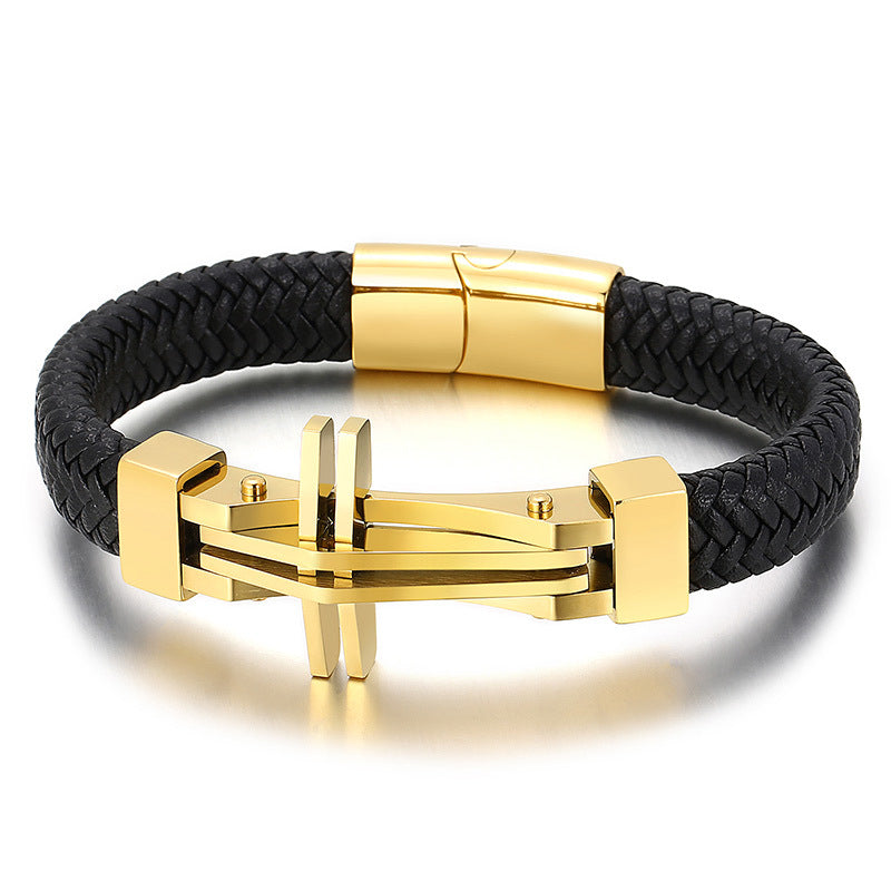 Men's stainless steel bracelet with cross pendant and leather braiding | Hypoallergenic