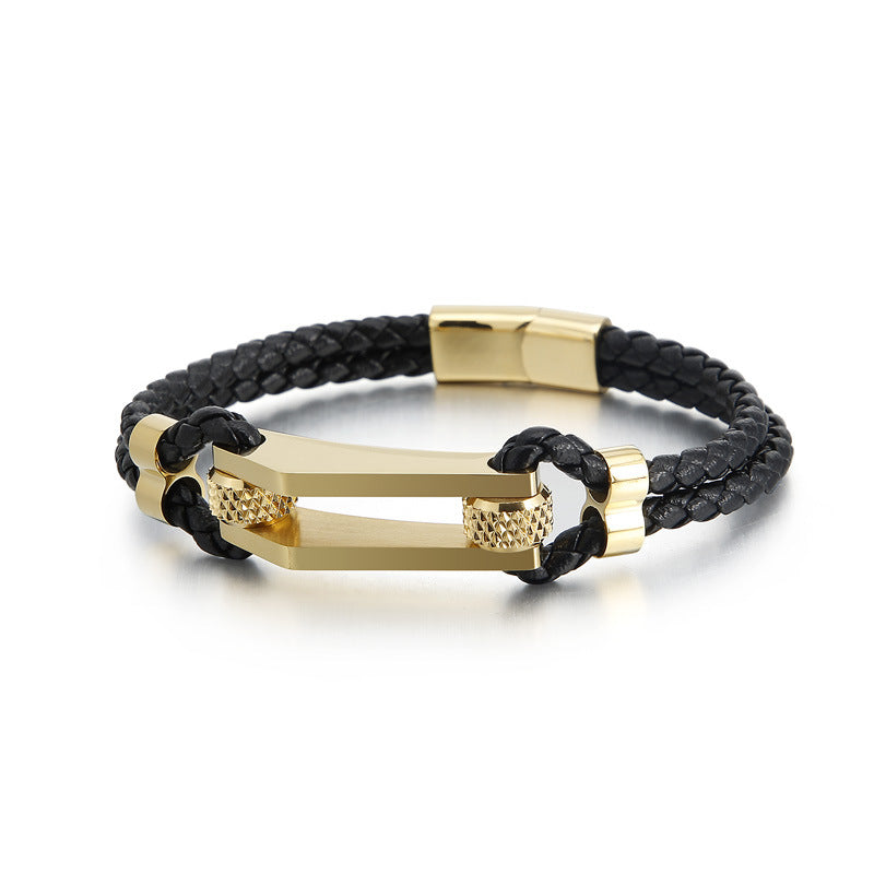 Stainless steel bracelet with double leather braid – titanium steel accents for urban style