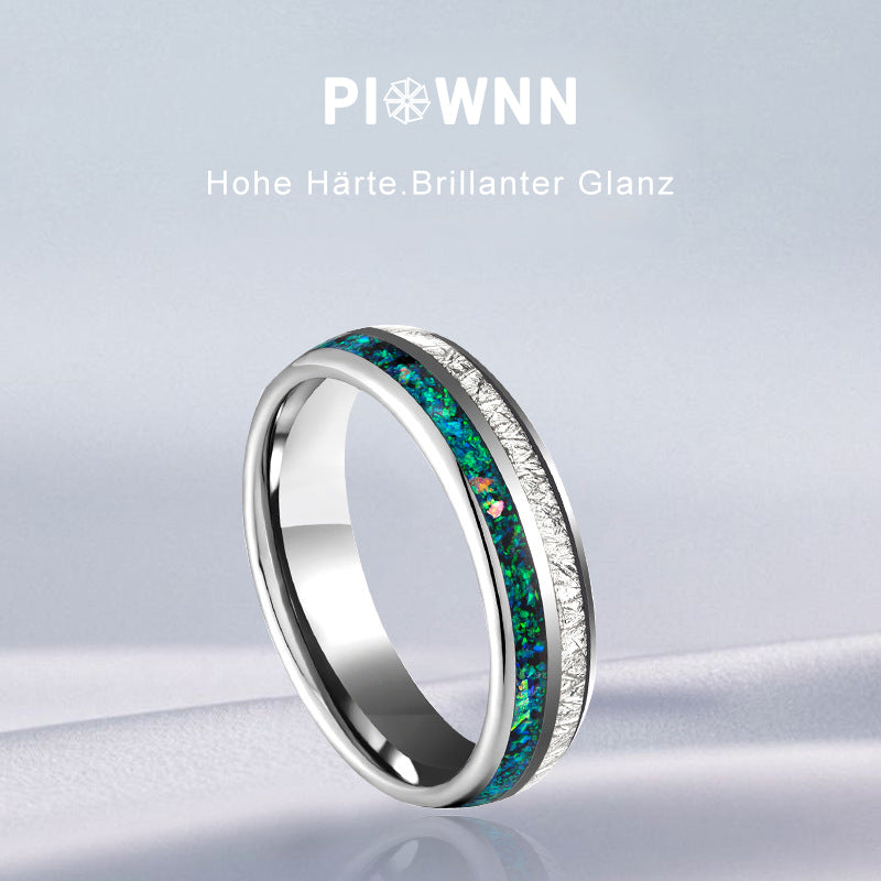 Wolframcarbid-Ring mit Sternenstaub-Silberfolie & Opaleinlage – 6 mm, unisex, gravurfähig
