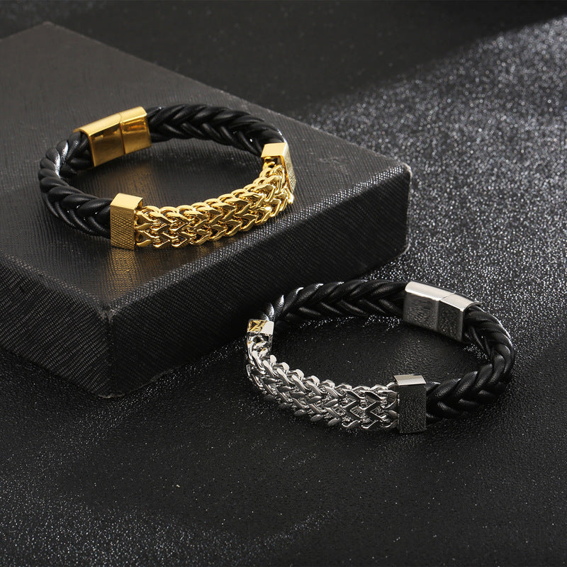 Double-row leather bracelet with titanium steel chain – magnetic clasp for men