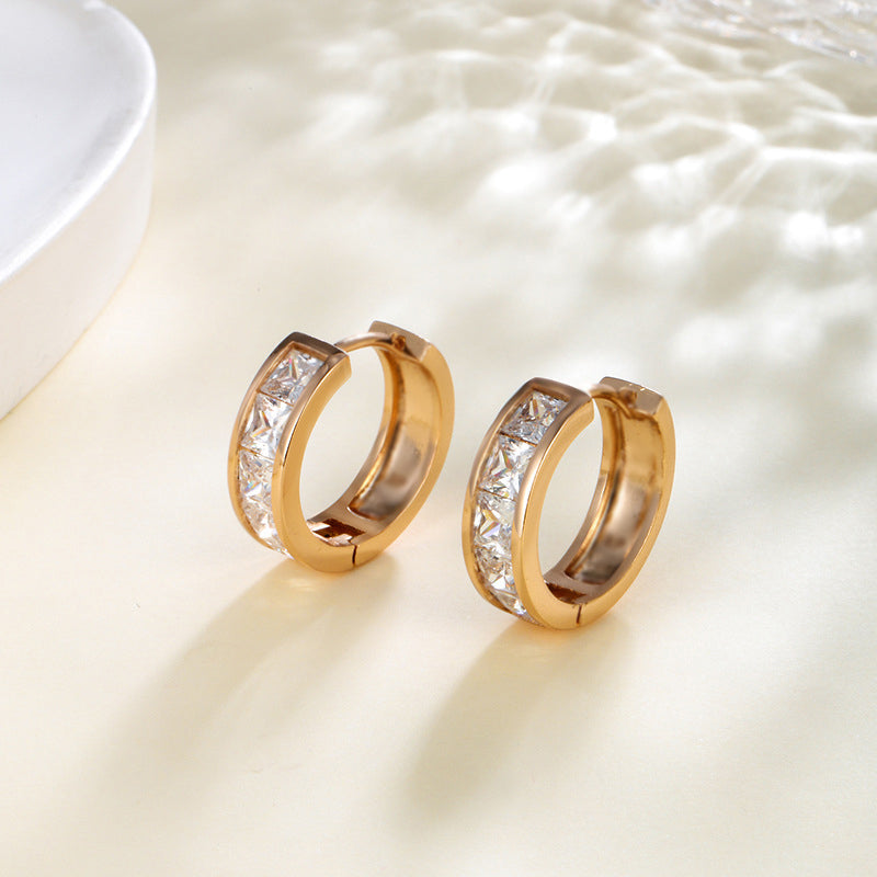 Earrings with square zirconia stones - copper alloy gold-plated (1.9 cm)