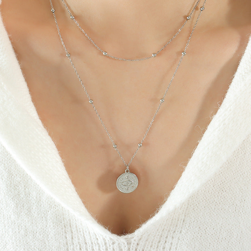 French Vintage Eye Pendant – Double Layered Necklace in Gold or Silver