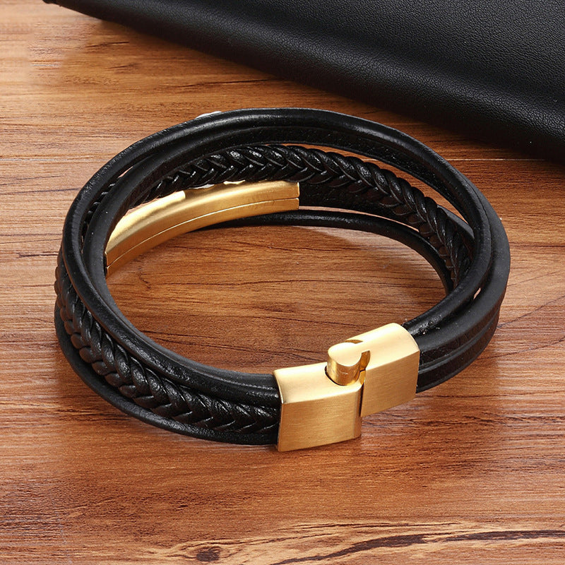 5-lagiges Titanstahl Lederarmband - Schwarz geflochtener Herrenschmuck - Robustes Naturleder-Armband mit Metallakzent