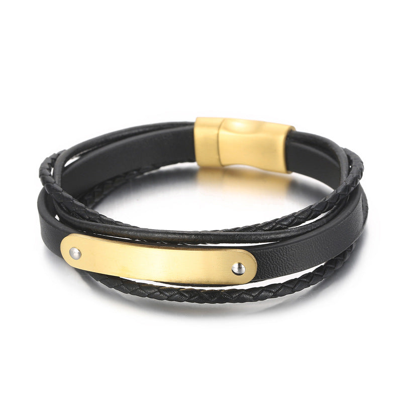 Multi-layered leather bracelet with stainless steel & magnetic plate – hand-woven unique jewelry