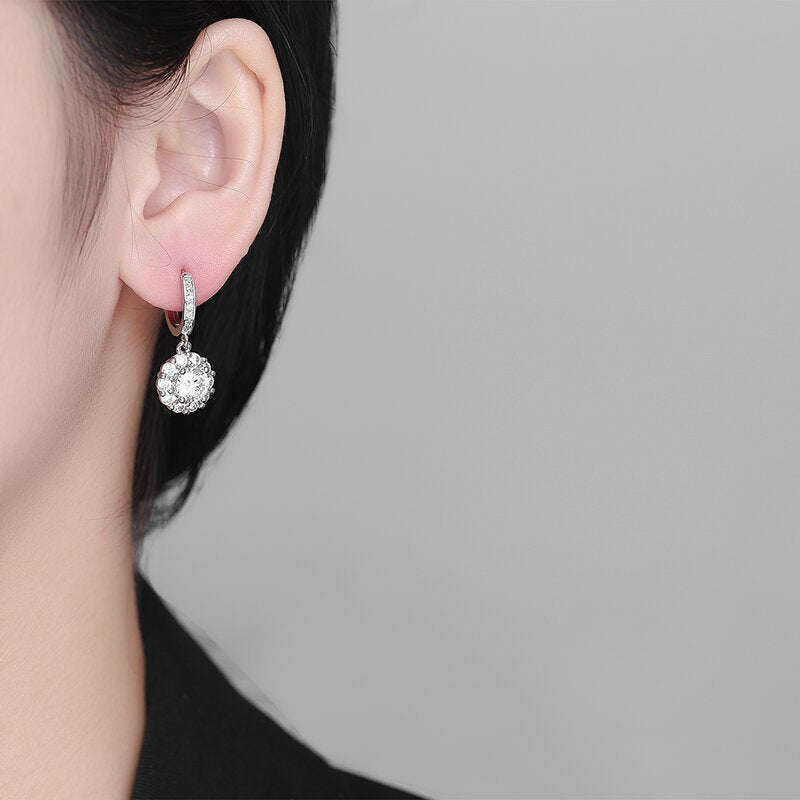 Flower earrings with zirconia - copper rhodium-plated (white gold look)