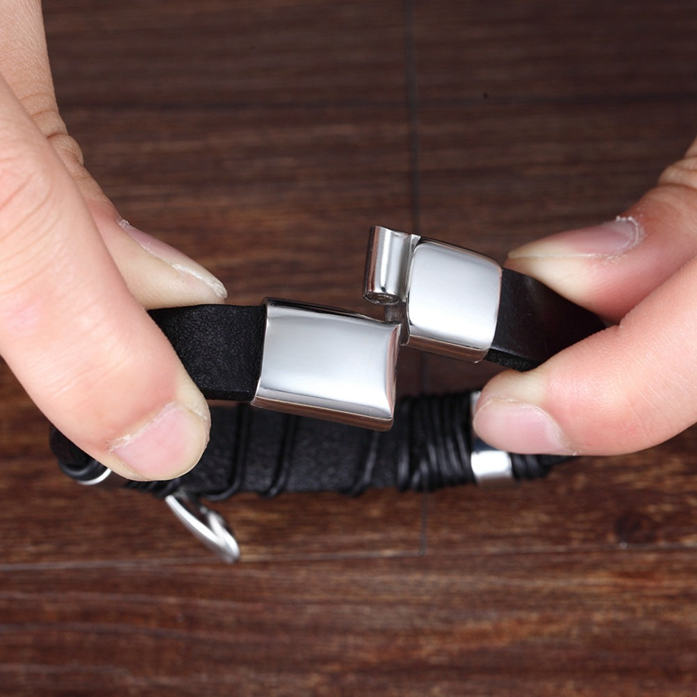 Multi-row leather bracelet with stainless steel - Handmade men's jewelry - Rustic unisex design