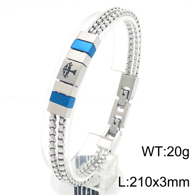 Stainless steel bracelet for men with maritime motifs - anchor, steering wheel, tree of life and stars in 2-layer design