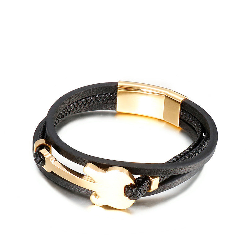 Titanium steel bracelet with mini guitar pendant – multi-layer braided leather strap in vintage design