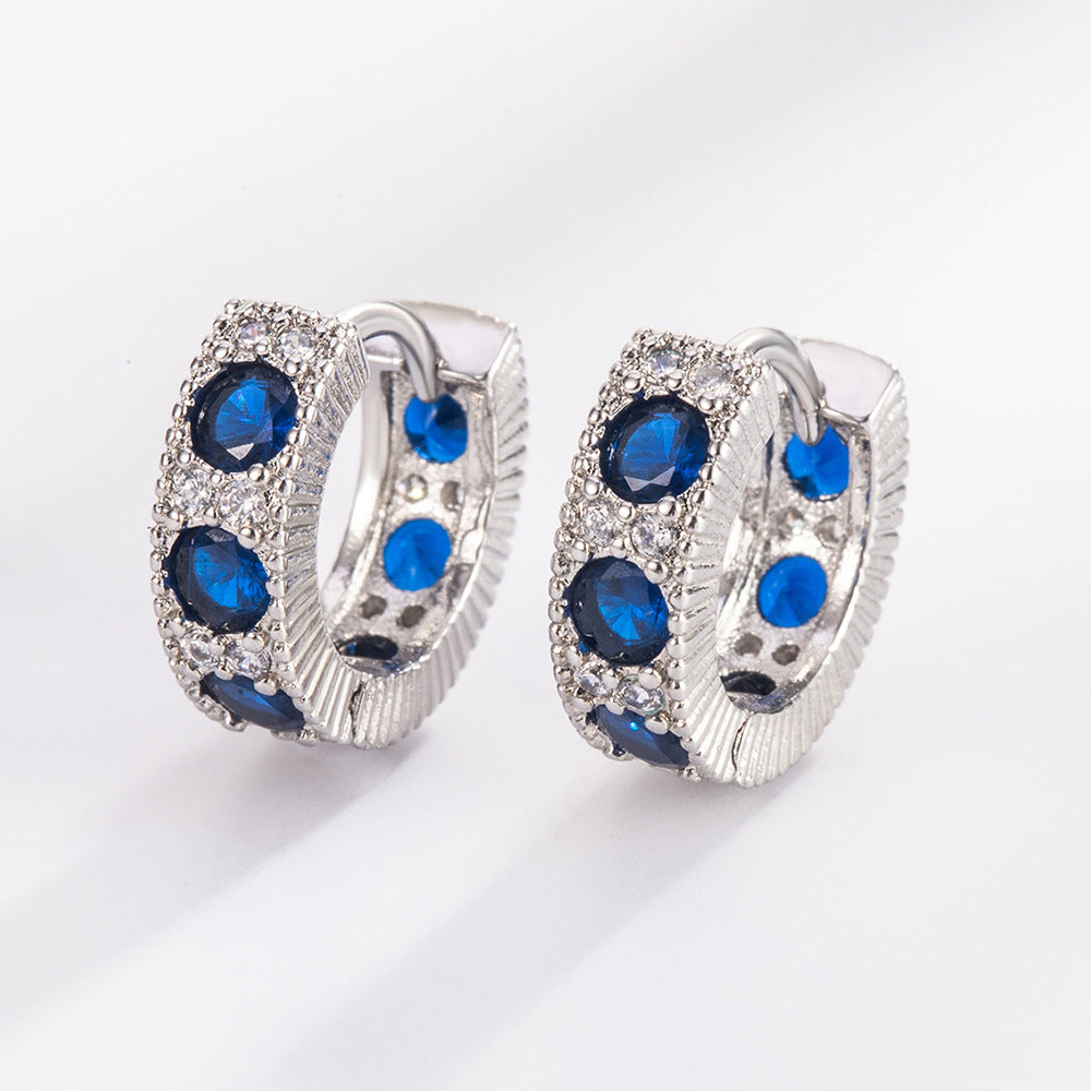 Retro-vintage earrings with blue zirconia - copper rhodium-plated (18K white gold look), Ø1.2cm x 0.4cm