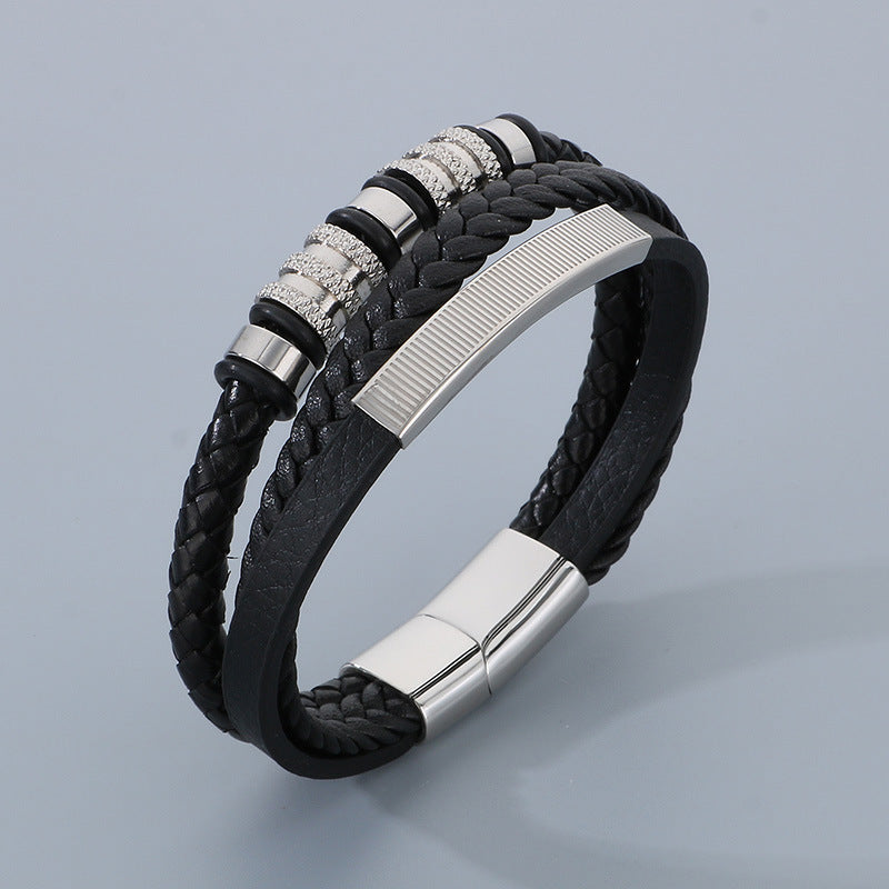 Men's titanium steel bracelet - multi-layer leather braid with curved stainless steel sheet and magnetic clasp