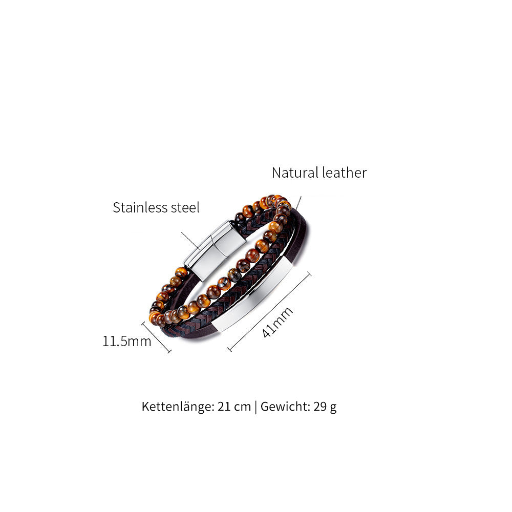 Braided leather bracelet with tiger eye for men – multi-layer design
