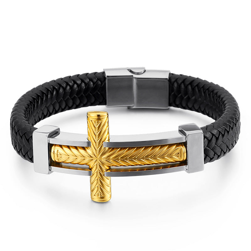 Men's braided leather bracelet with stainless steel cross – Robust men's bracelet