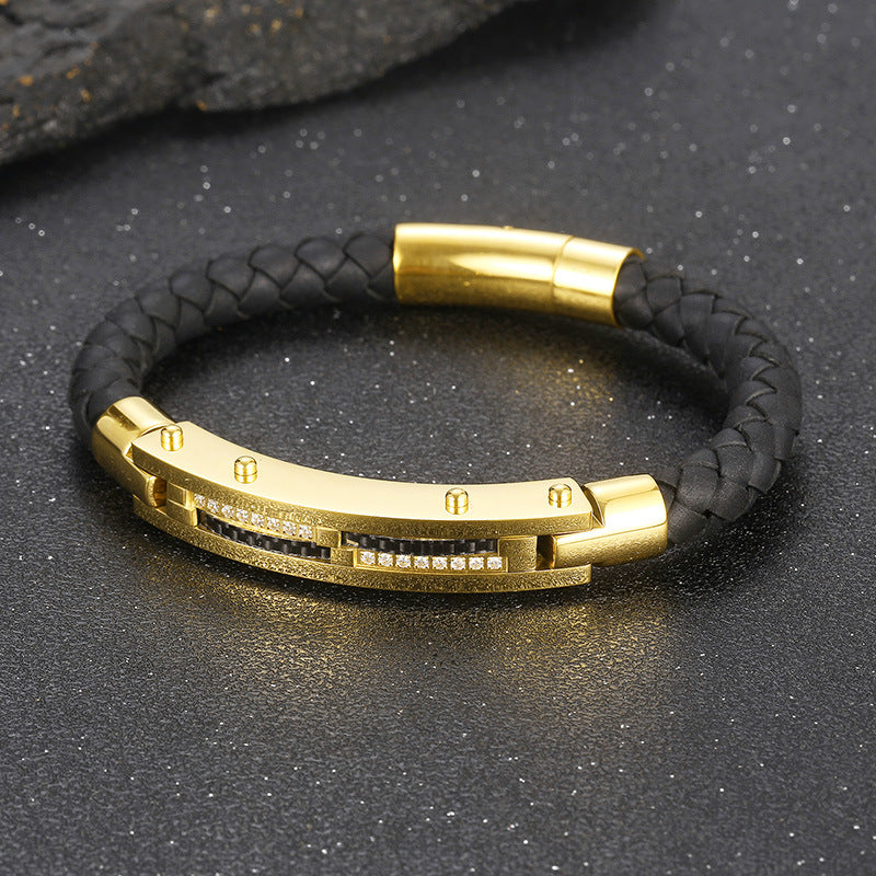 Men's bracelet with steel wire inlay – braided stainless steel leather strap