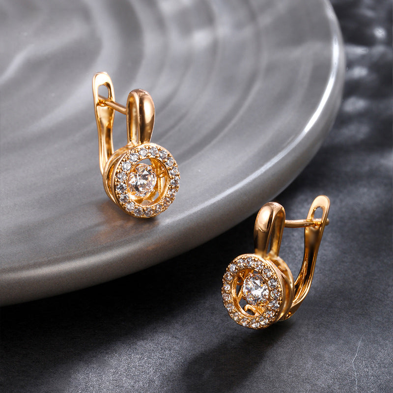 Graceful round ear clips with zirconia - copper alloy gold-plated (1.6 cm)