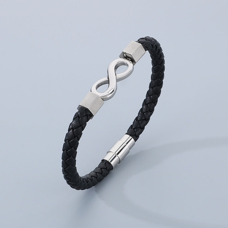 Personalized leather bracelet for men with stainless steel & infinity symbol