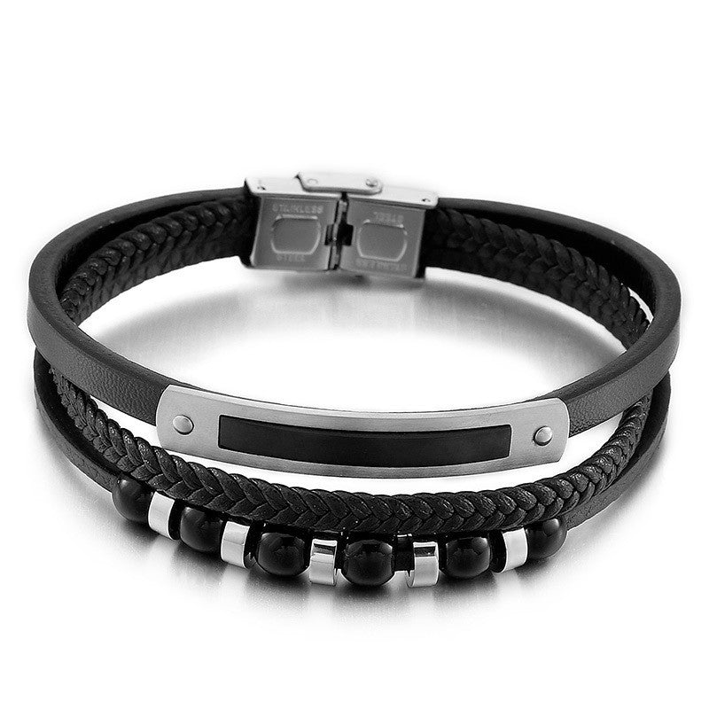Multi-layer braided leather bracelet with stainless steel & geometric beads – Handmade unique jewelry