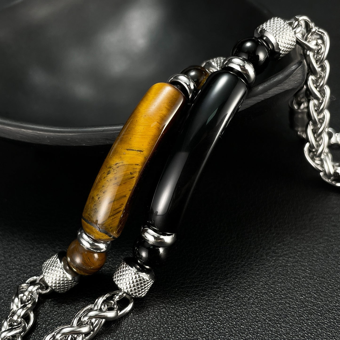 Stainless steel chain bracelet with tiger eye & titanium – For men