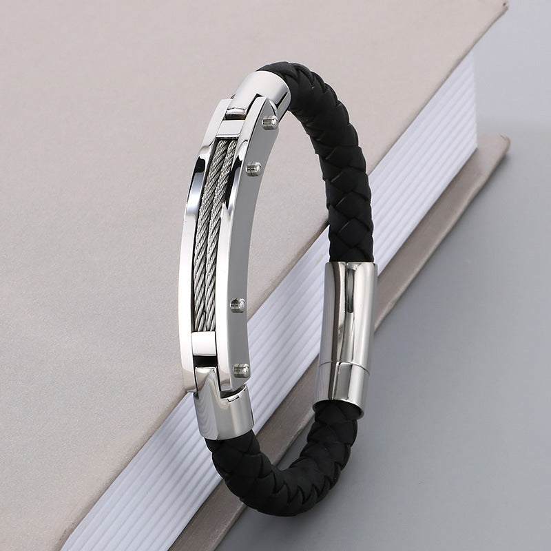 Fashionable men's bracelet made of stainless steel & braided leather - With fiber or steel wire inlays