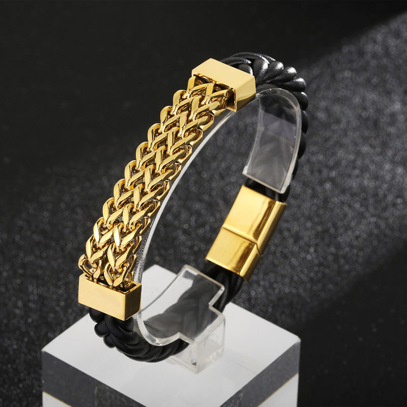 Double-row leather bracelet with titanium steel chain – magnetic clasp for men
