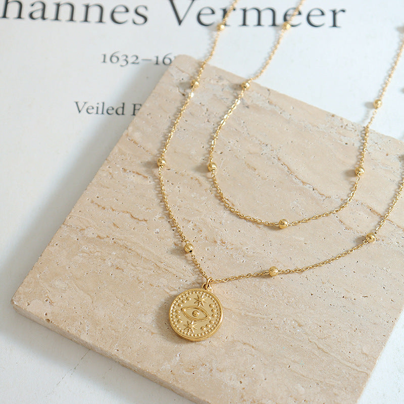 French Vintage Eye Pendant – Double Layered Necklace in Gold or Silver