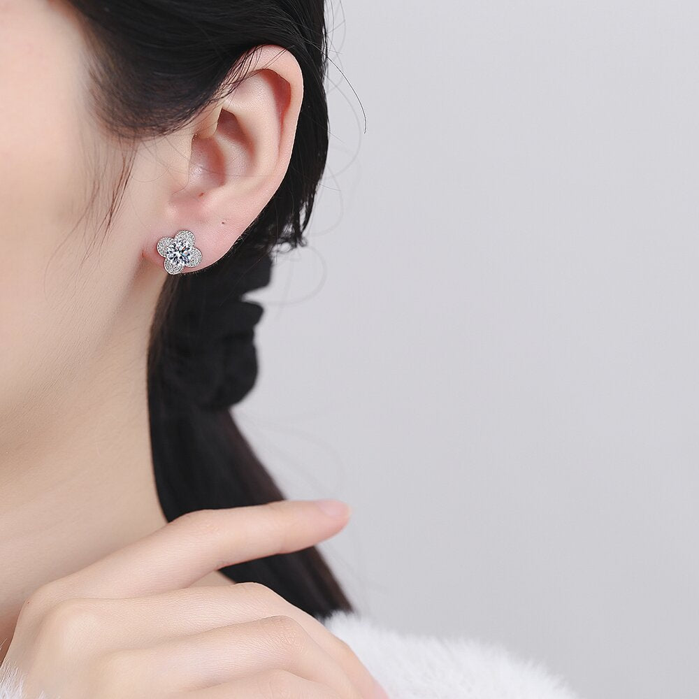 Lucky clover earrings with zirconia - copper rhodium-plated (white gold look)