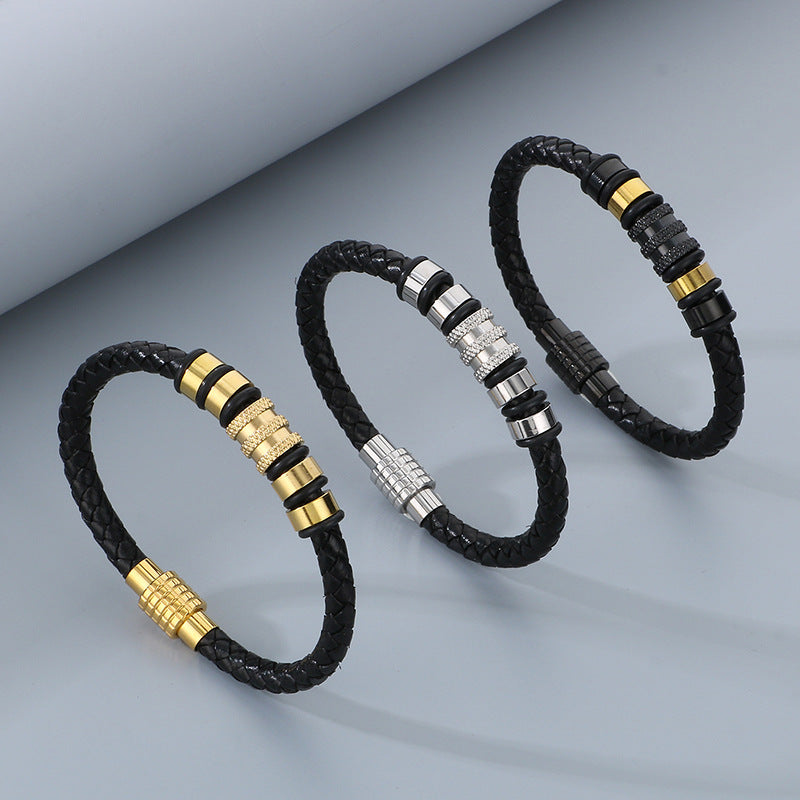 Men's braided leather bracelet with stainless steel magnetic clasp