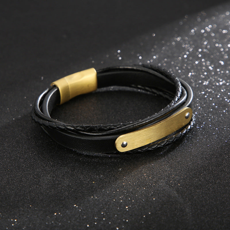 Multi-layered leather bracelet with stainless steel & magnetic plate – hand-woven unique jewelry