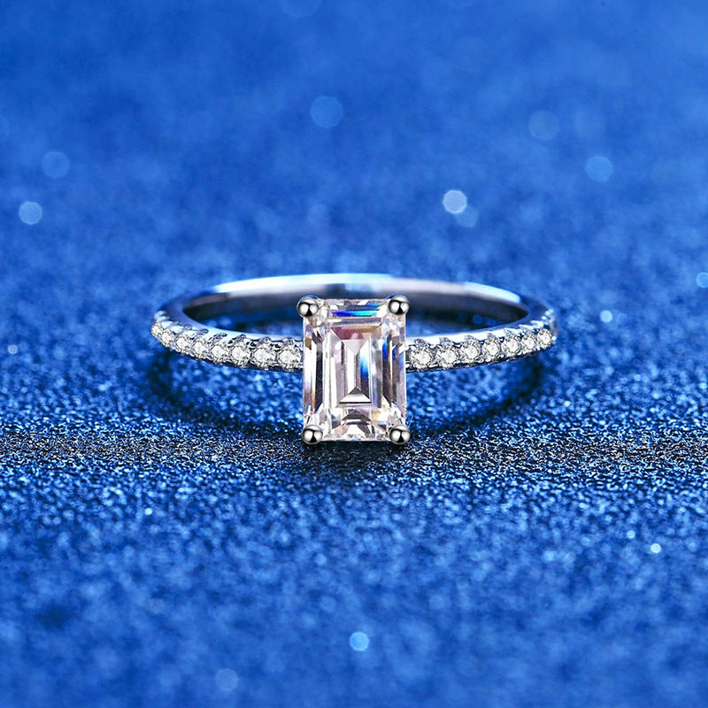 Radiant-cut cubic zirconia ring with 4-claw setting | 1ct main stone (5x7mm) in pavé sterling silver with rhodium plating